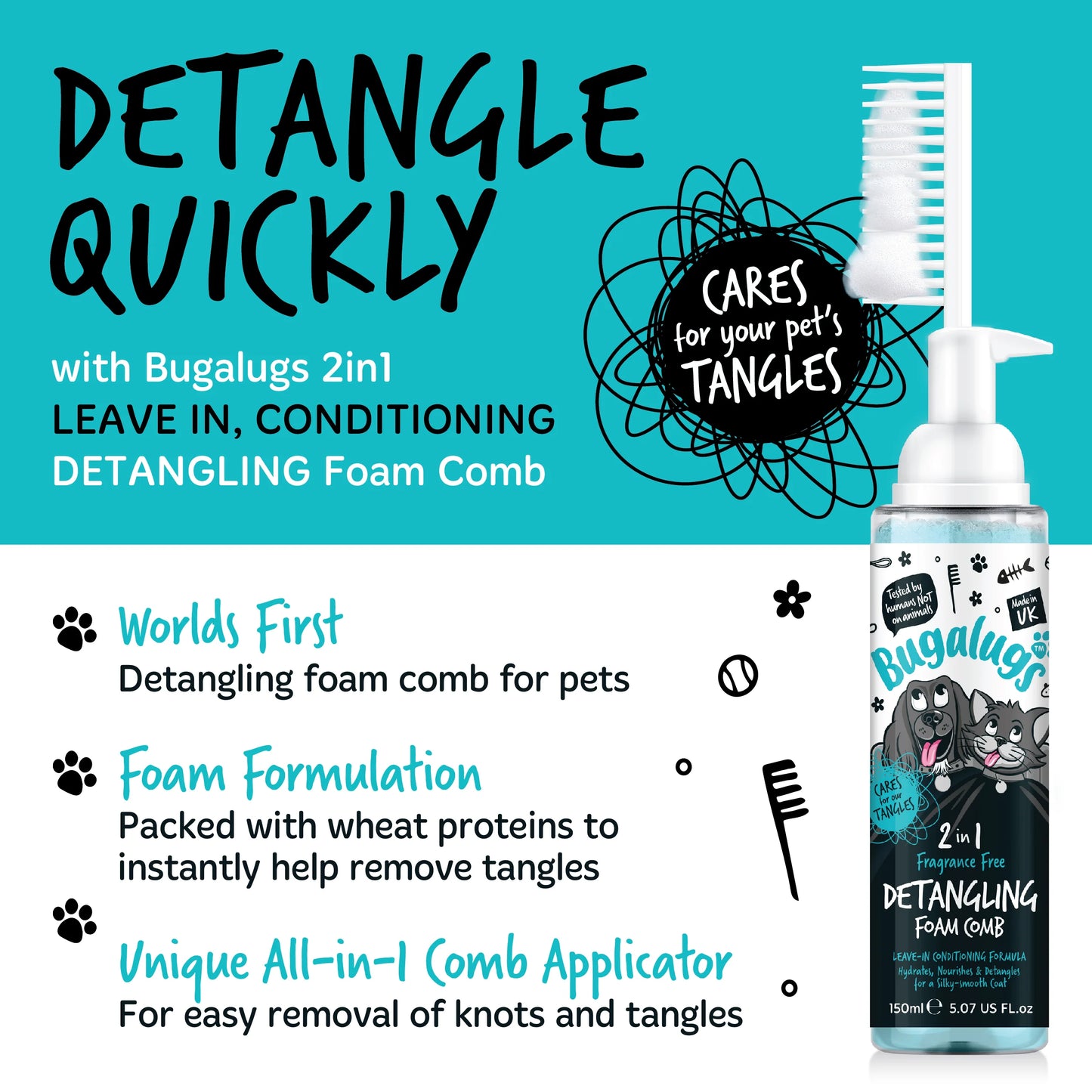 Bugalugs 2 in 1 Detangling Foam Comb For Dogs & Cats 200ml (Fragrance Free)
