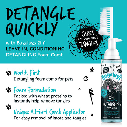 Bugalugs 2 in 1 Detangling Foam Comb For Dogs & Cats 200ml (Fragrance Free)