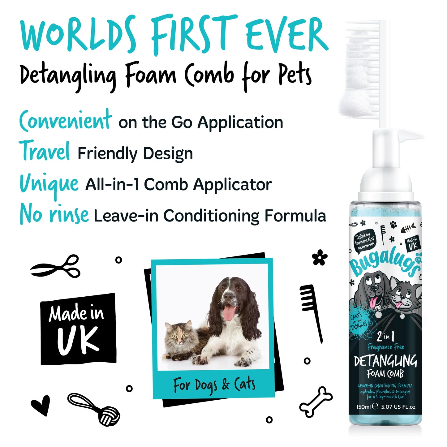 Bugalugs 2 in 1 Detangling Foam Comb For Dogs & Cats 200ml (Fragrance Free)