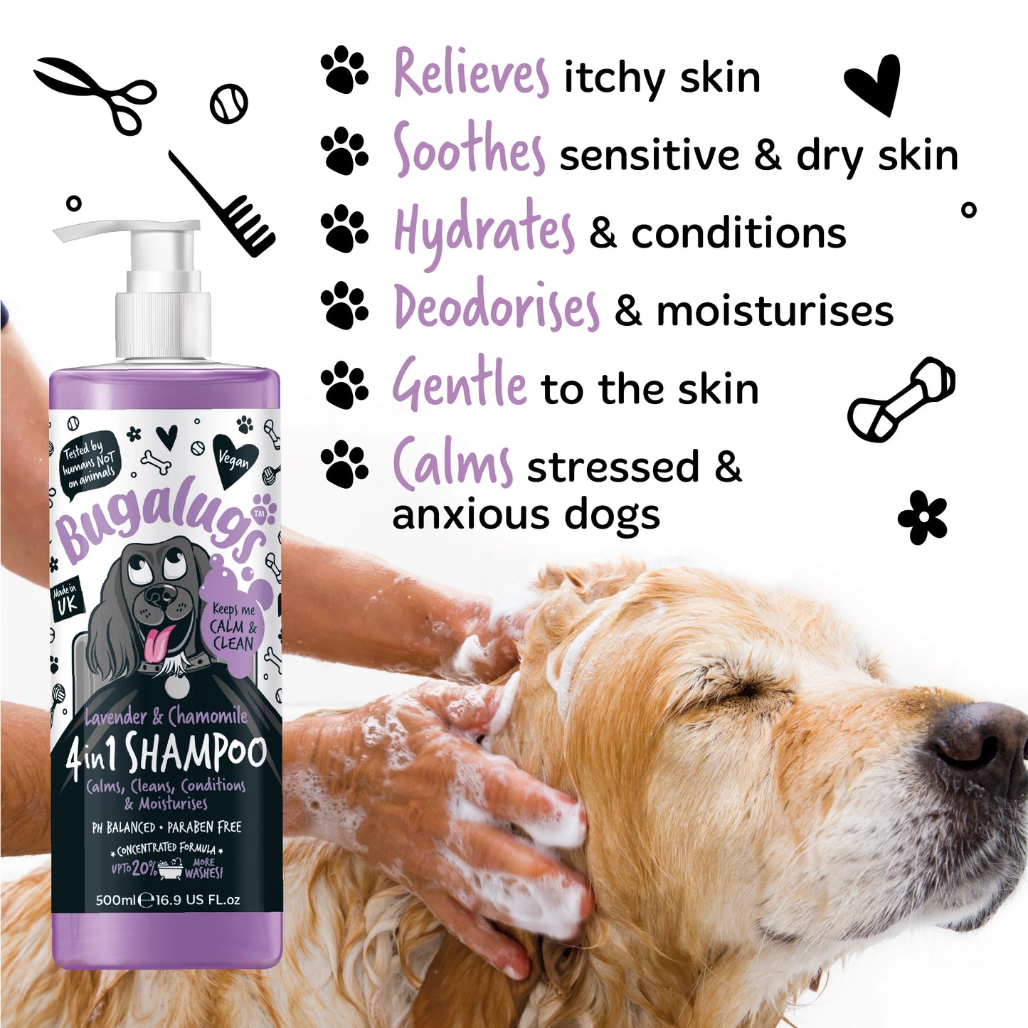 Bugalugs 4 In 1 (Lavender & Chamomile) Dog Shampoo 500ml