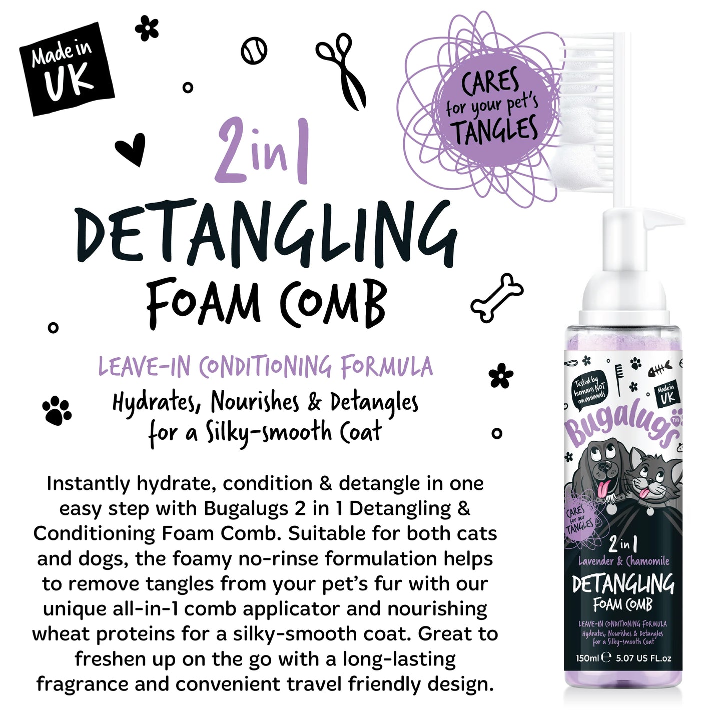 Bugalugs 2 in 1 Detangling Foam Comb For Dogs & Cats 200ml (Lavender & Chamomile)