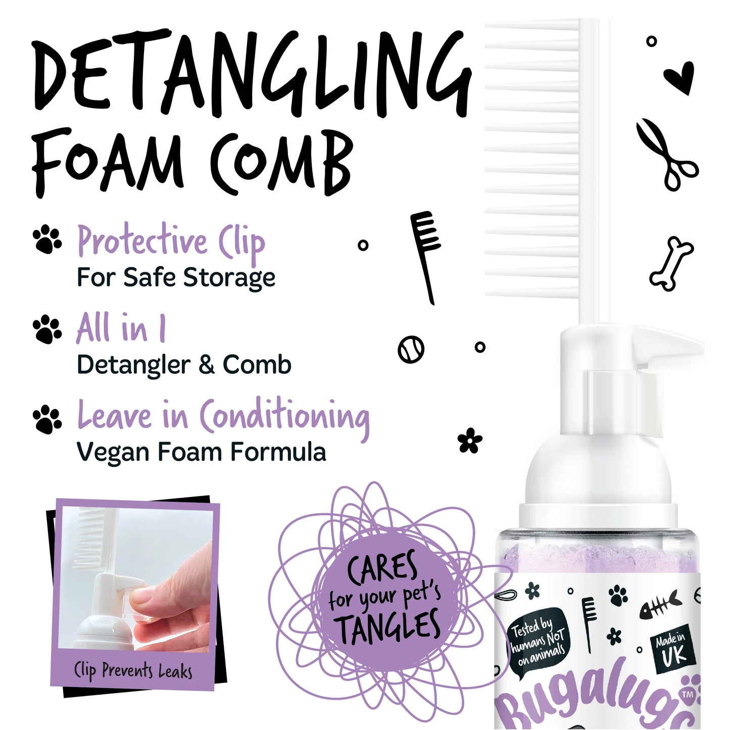 Bugalugs 2 in 1 Detangling Foam Comb For Dogs & Cats 200ml (Lavender & Chamomile)