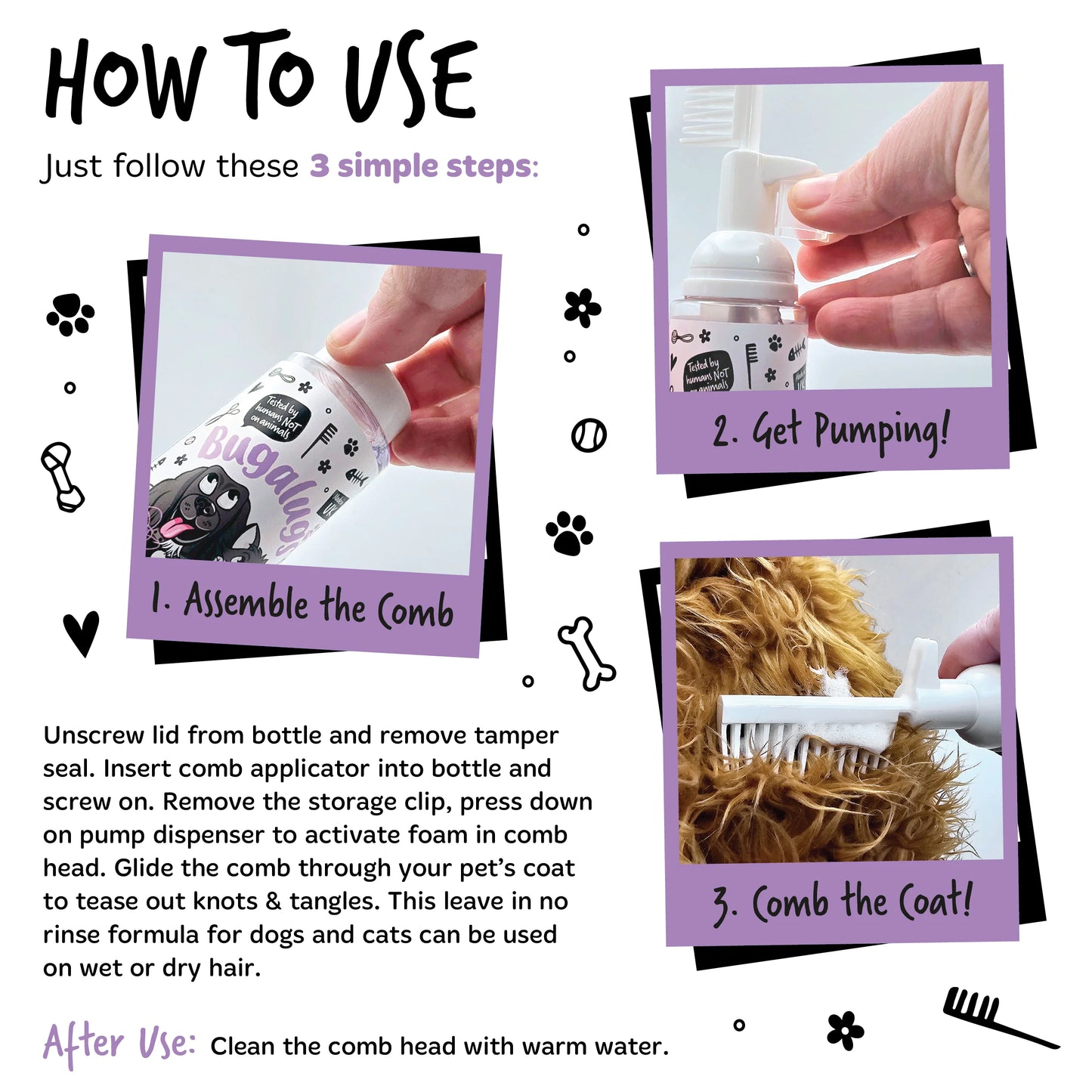 Bugalugs 2 in 1 Detangling Foam Comb For Dogs & Cats 200ml (Lavender & Chamomile)