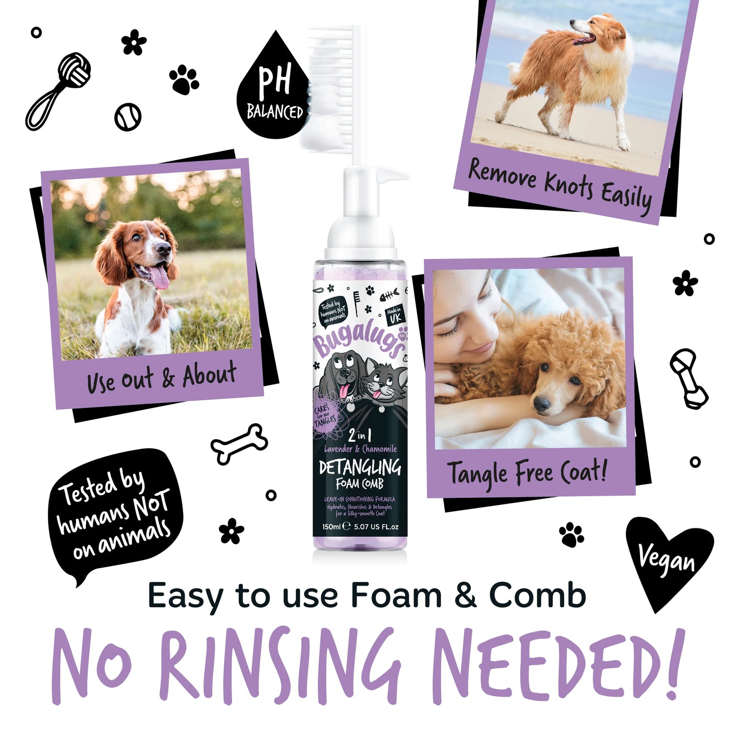 Bugalugs 2 in 1 Detangling Foam Comb For Dogs & Cats 200ml (Lavender & Chamomile)