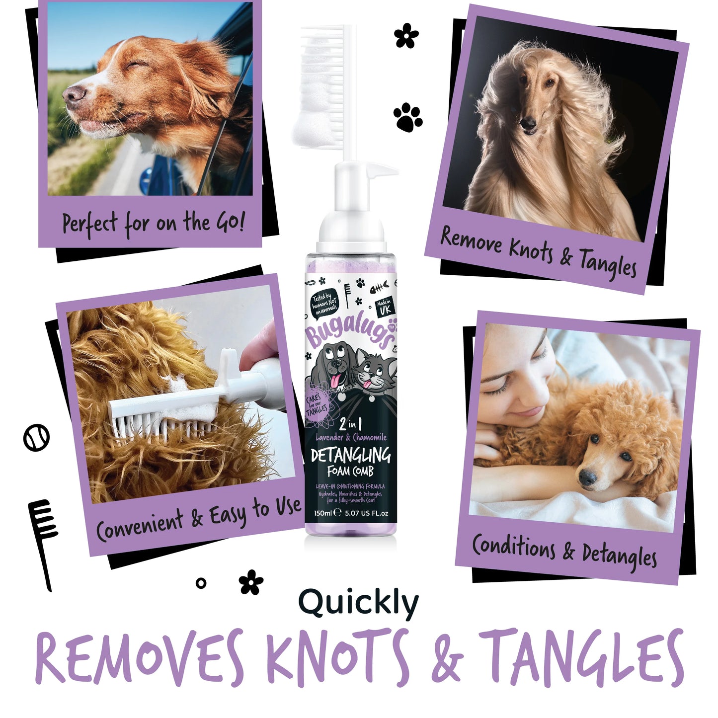 Bugalugs 2 in 1 Detangling Foam Comb For Dogs & Cats 200ml (Lavender & Chamomile)
