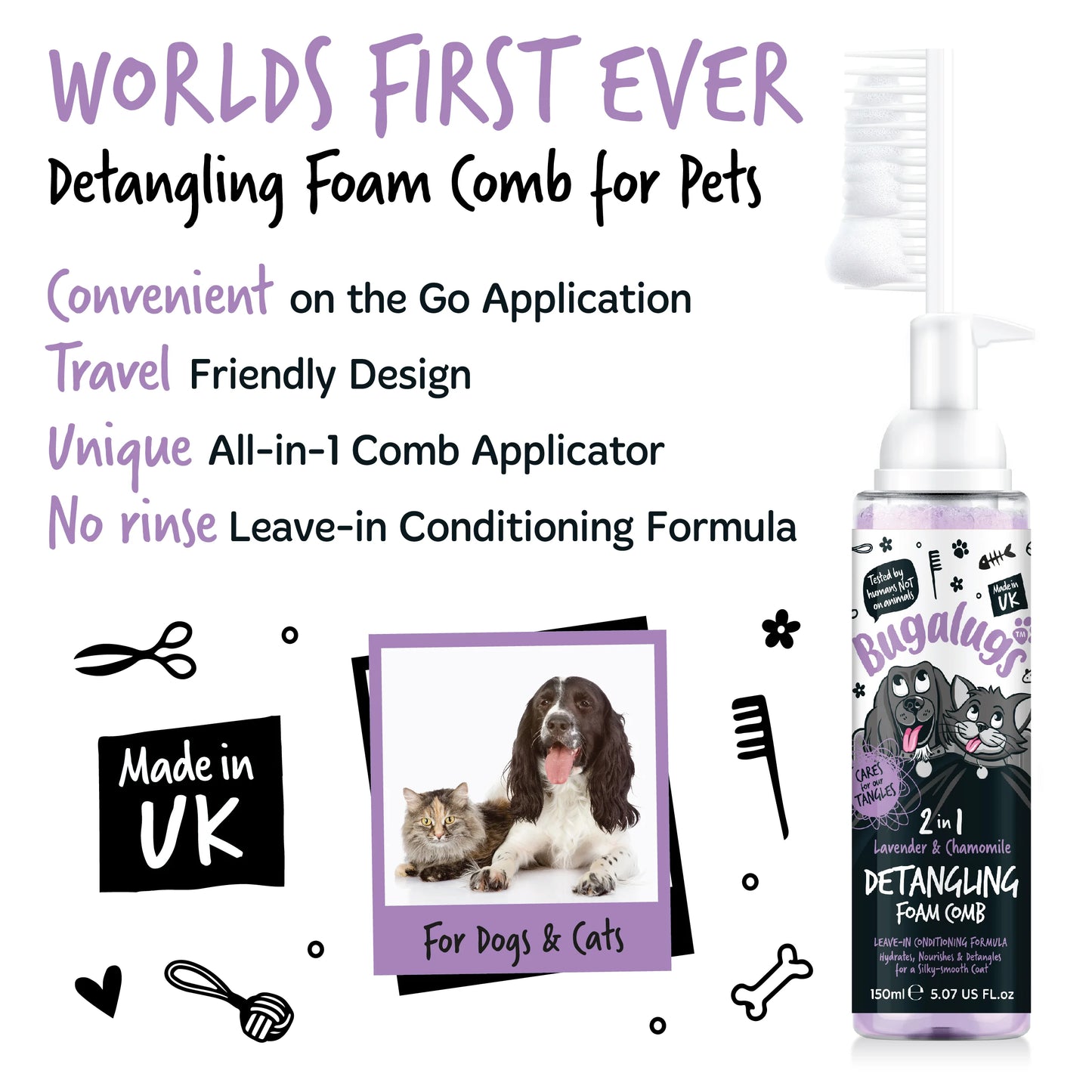 Bugalugs 2 in 1 Detangling Foam Comb For Dogs & Cats 200ml (Lavender & Chamomile)