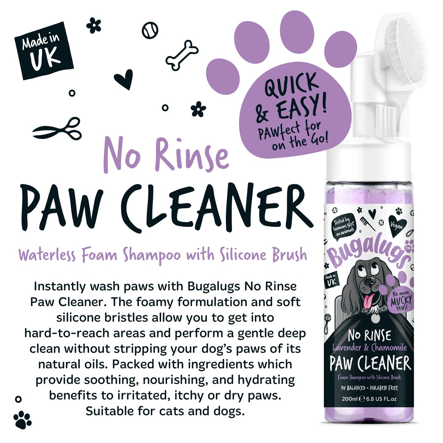 Bugalugs No Rinse Paw Cleaner Foam Shampoo 200ml - Lavender & Chamomile