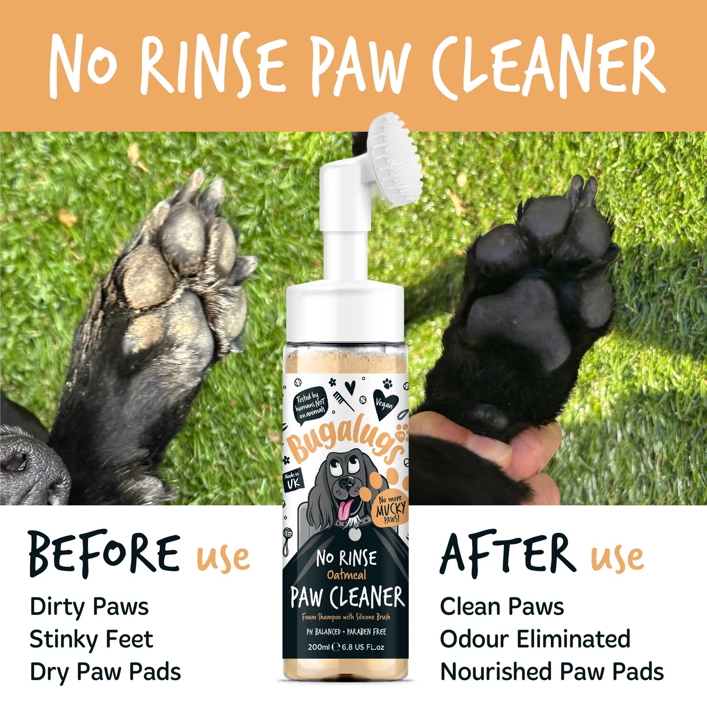 Bugalugs No Rinse Paw Cleaner Foam Shampoo 200ml - Oatmeal