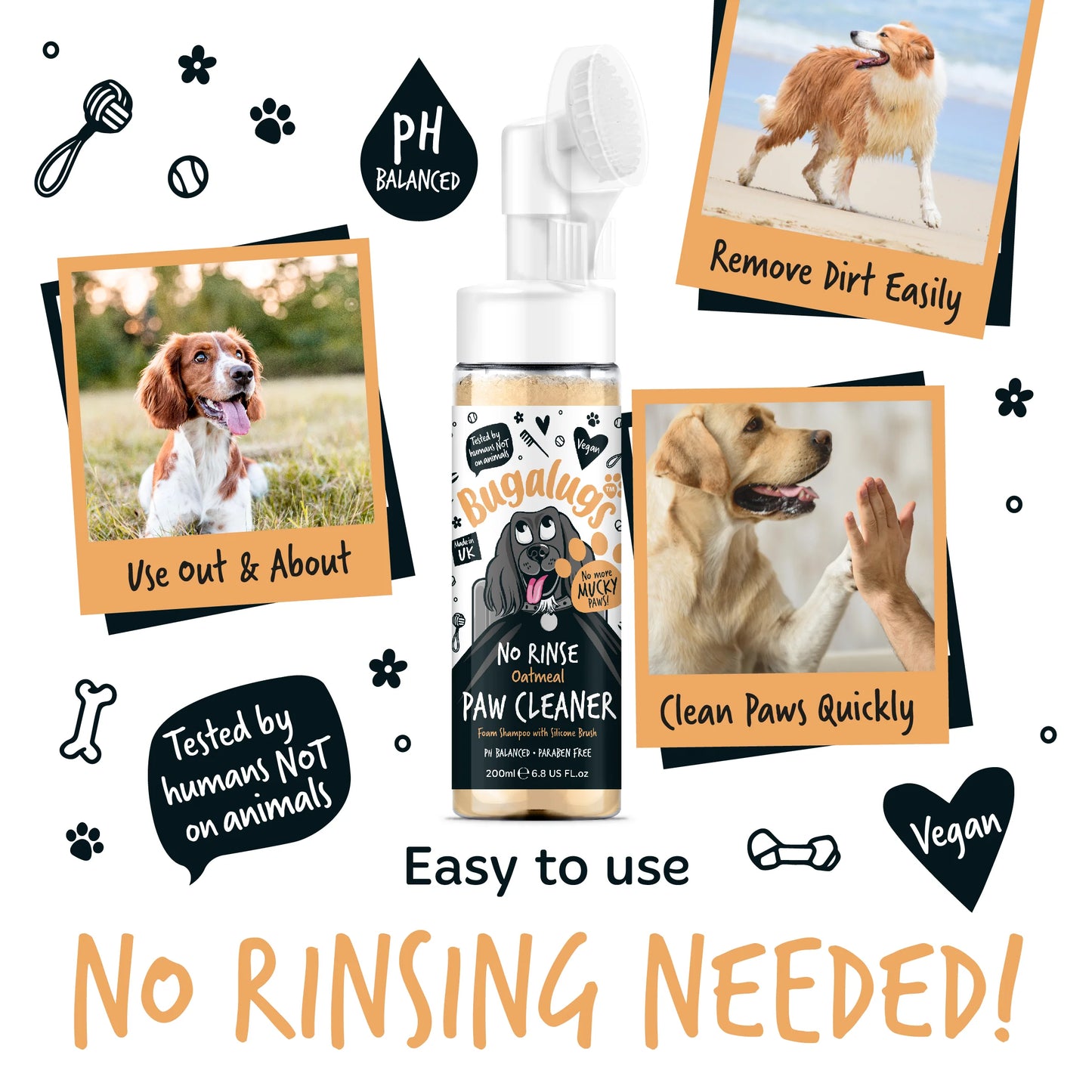 Bugalugs No Rinse Paw Cleaner Foam Shampoo 200ml - Oatmeal