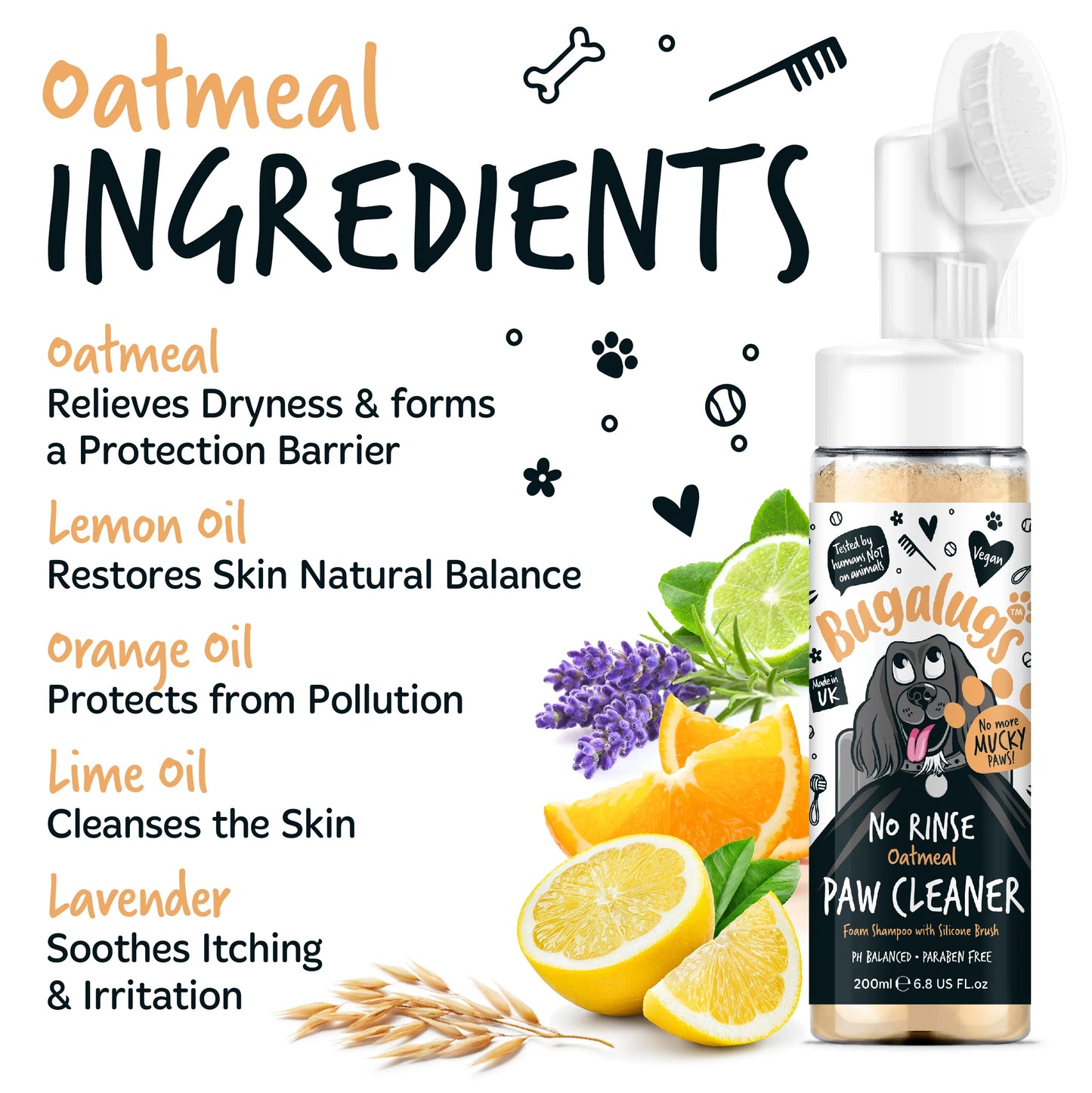 Bugalugs No Rinse Paw Cleaner Foam Shampoo 200ml - Oatmeal