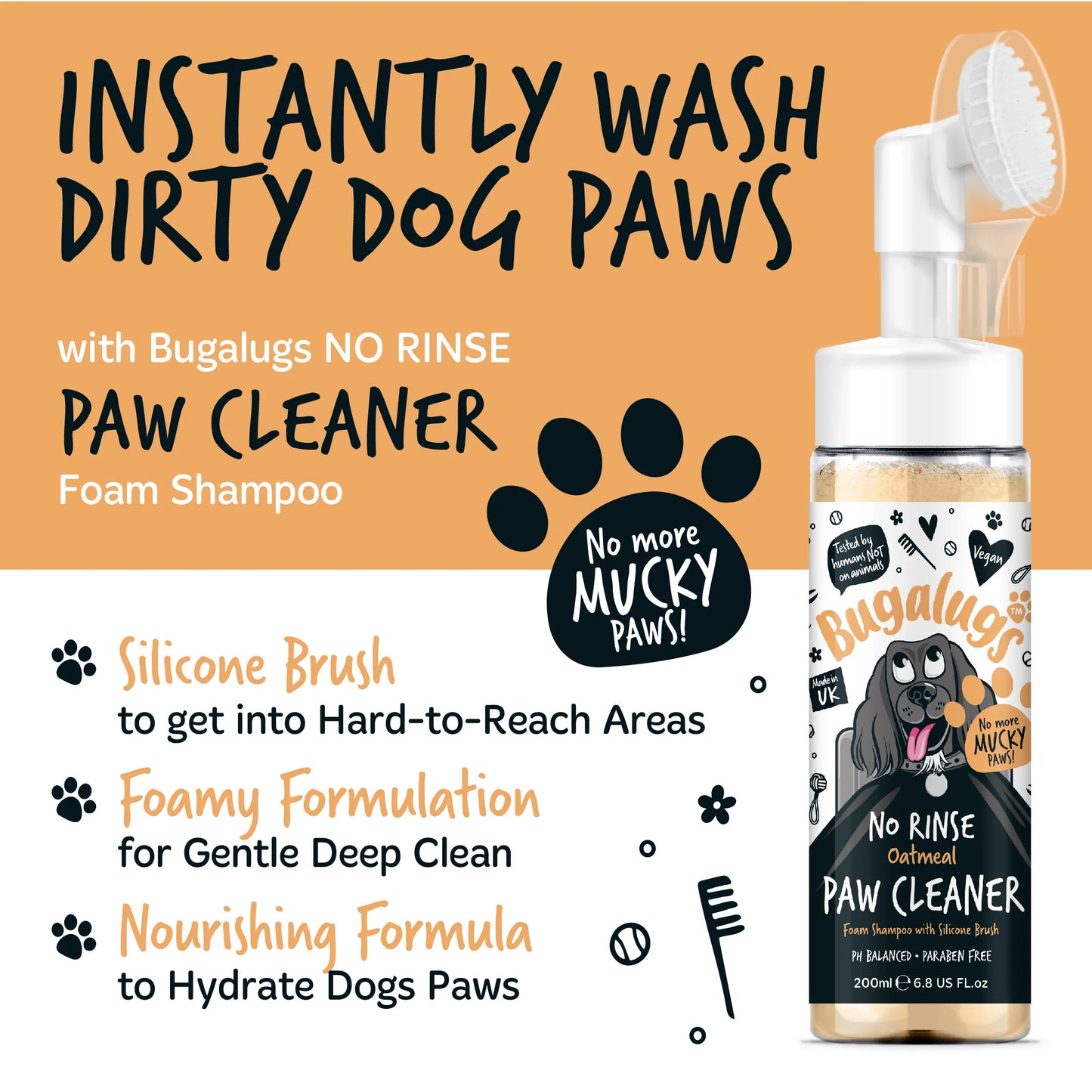 Bugalugs No Rinse Paw Cleaner Foam Shampoo 200ml - Oatmeal