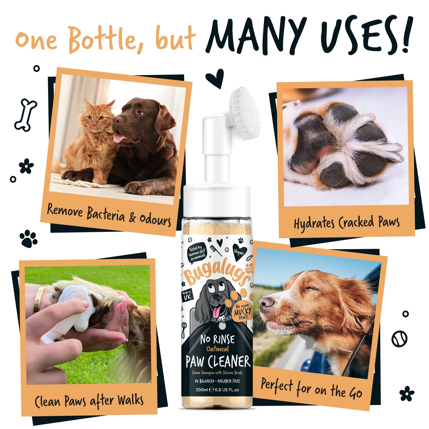 Bugalugs No Rinse Paw Cleaner Foam Shampoo 200ml - Oatmeal