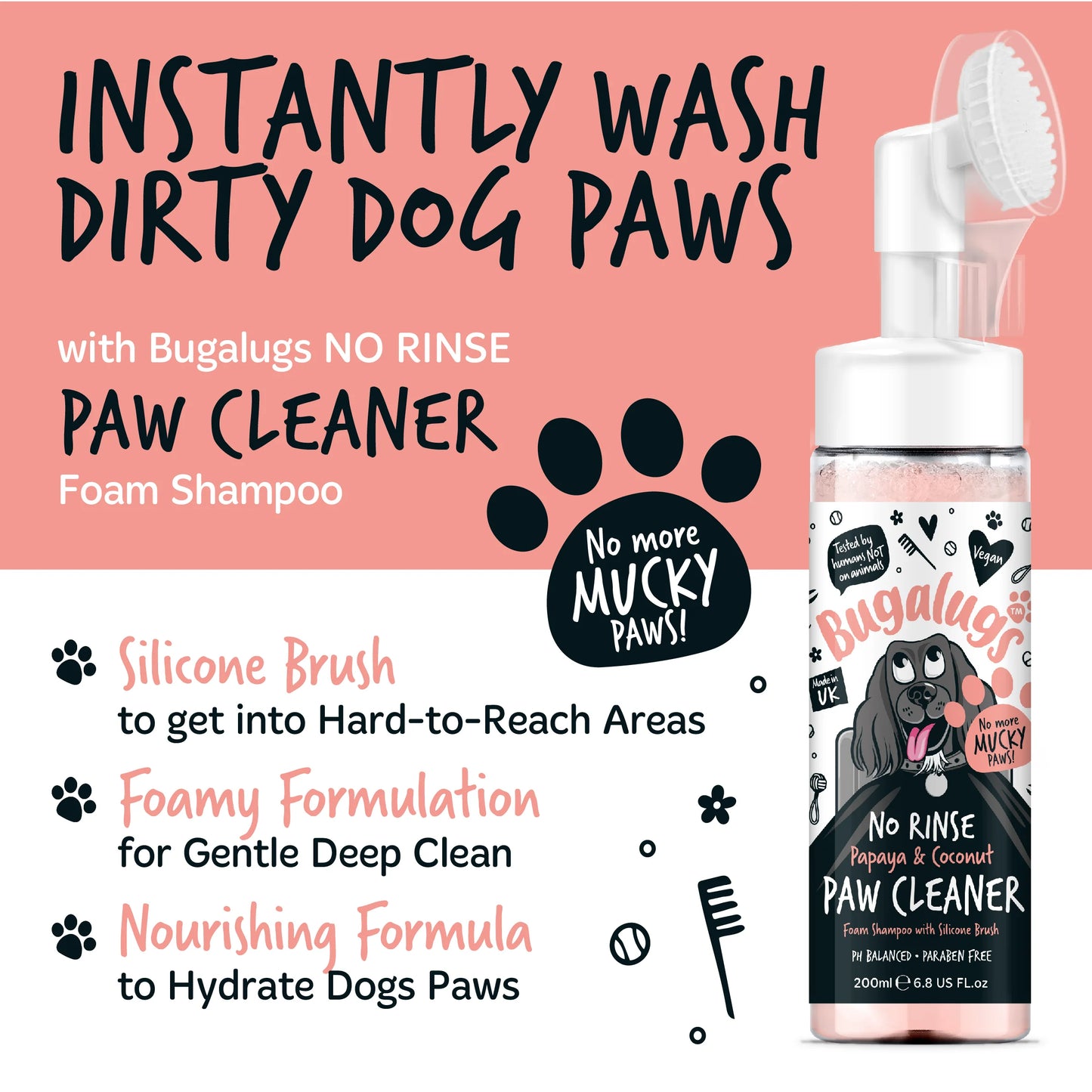 Bugalugs No Rinse Paw Cleaner Foam Shampoo 200ml - Papaya & Coconut