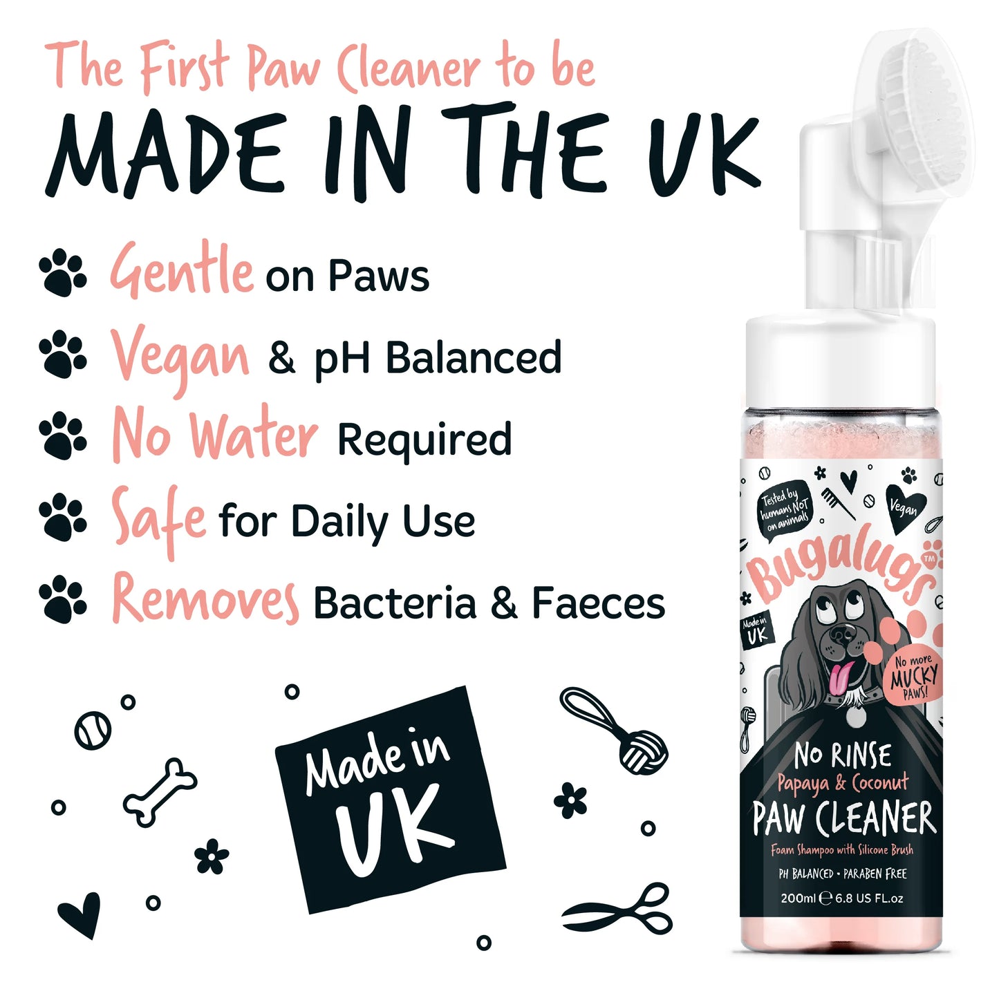 Bugalugs No Rinse Paw Cleaner Foam Shampoo 200ml - Papaya & Coconut