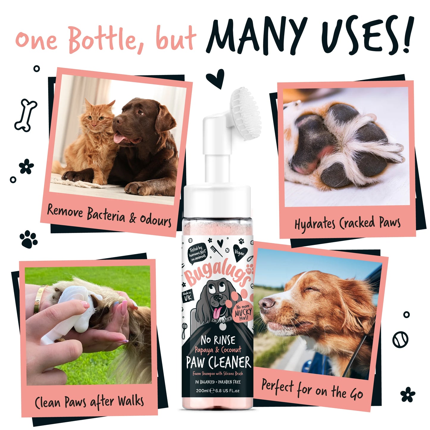 Bugalugs No Rinse Paw Cleaner Foam Shampoo 200ml - Papaya & Coconut