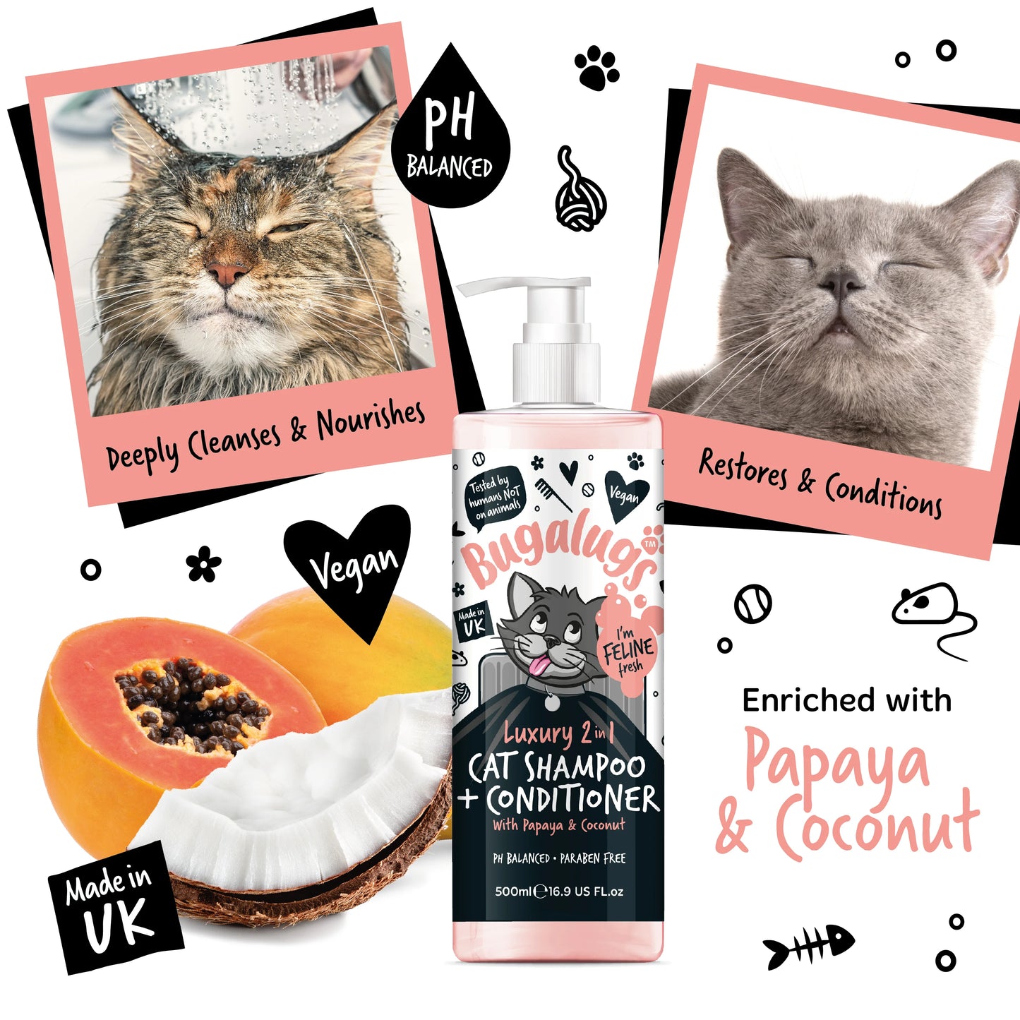 Bugalugs 2 in 1 Papaya & Coconut Cat Shampoo 500ml