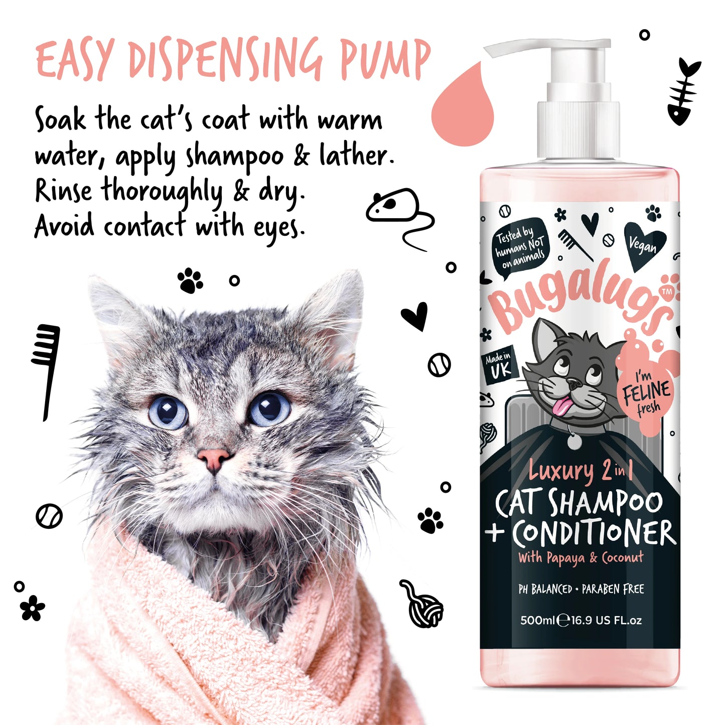 Bugalugs 2 in 1 Papaya & Coconut Cat Shampoo 500ml