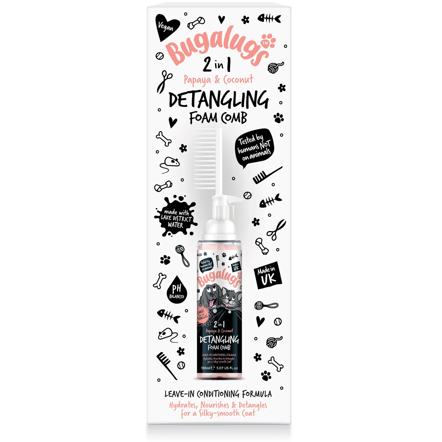 Bugalugs 2 in 1 Detangling Foam Comb For Dogs & Cats 200ml (Papaya & Coconut)