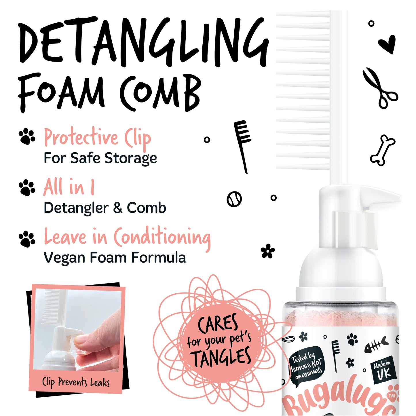 Bugalugs 2 in 1 Detangling Foam Comb For Dogs & Cats 200ml (Papaya & Coconut)