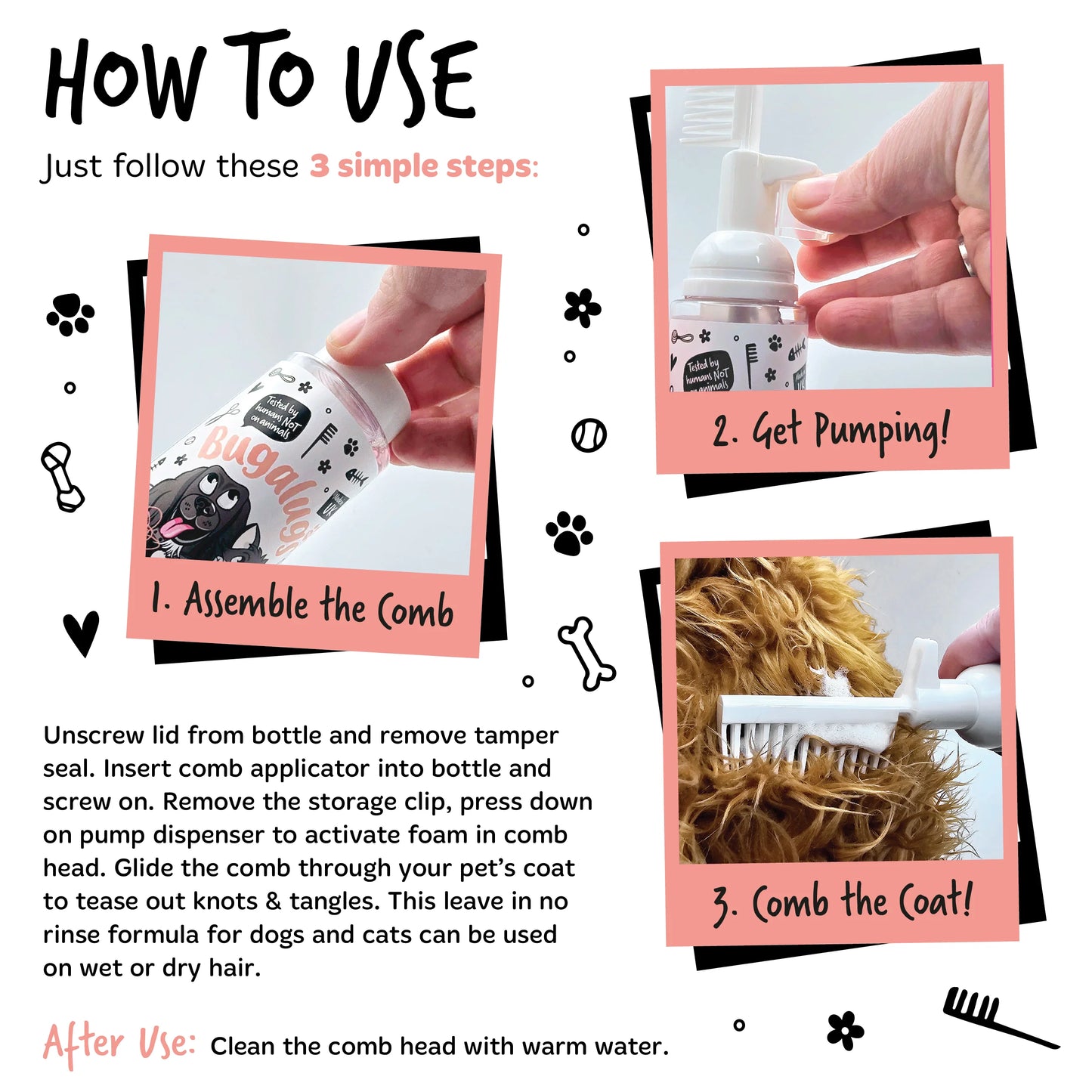 Bugalugs 2 in 1 Detangling Foam Comb For Dogs & Cats 200ml (Papaya & Coconut)