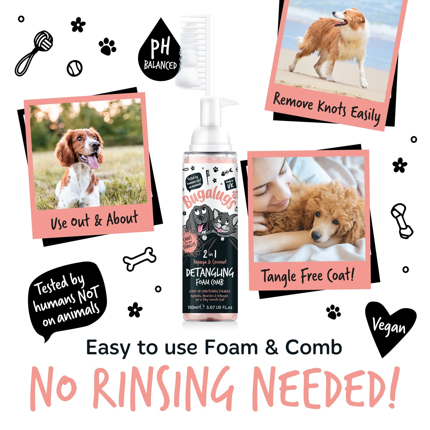 Bugalugs 2 in 1 Detangling Foam Comb For Dogs & Cats 200ml (Papaya & Coconut)