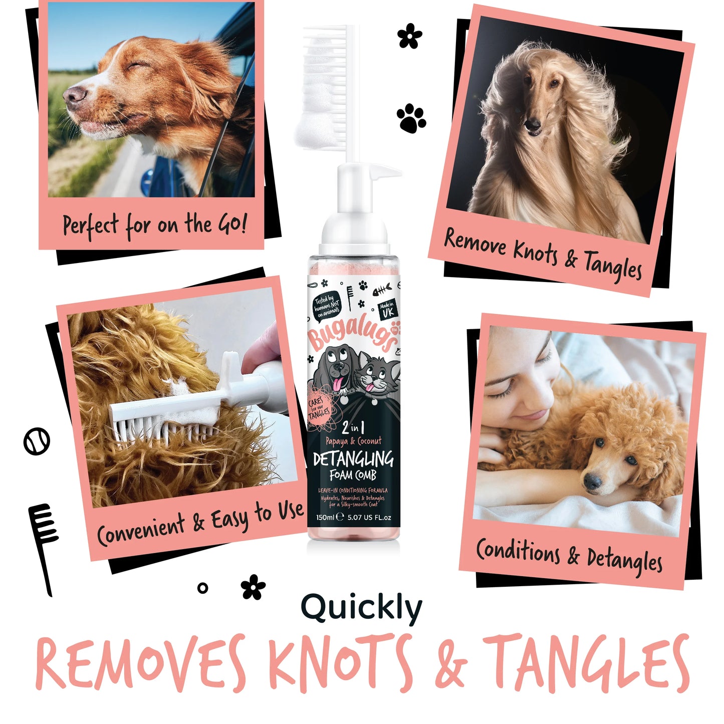 Bugalugs 2 in 1 Detangling Foam Comb For Dogs & Cats 200ml (Papaya & Coconut)