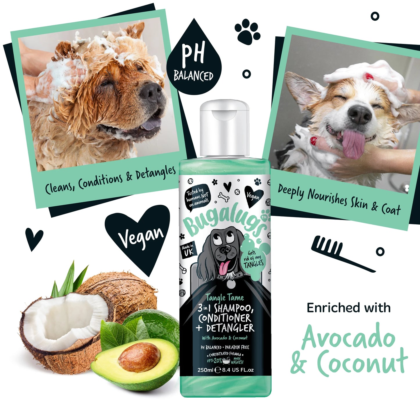 Bugalugs 3 in 1 Tangle Tame Dog Shampoo, Conditioner & Detangler 250ml
