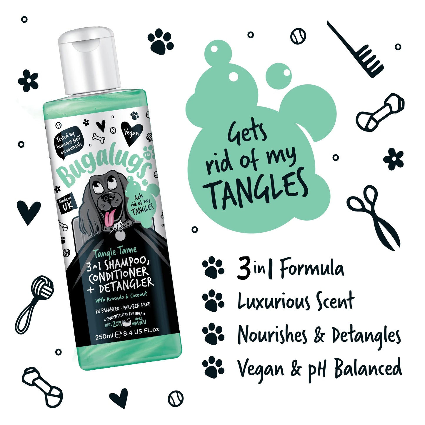 Bugalugs 3 in 1 Tangle Tame Dog Shampoo, Conditioner & Detangler 250ml