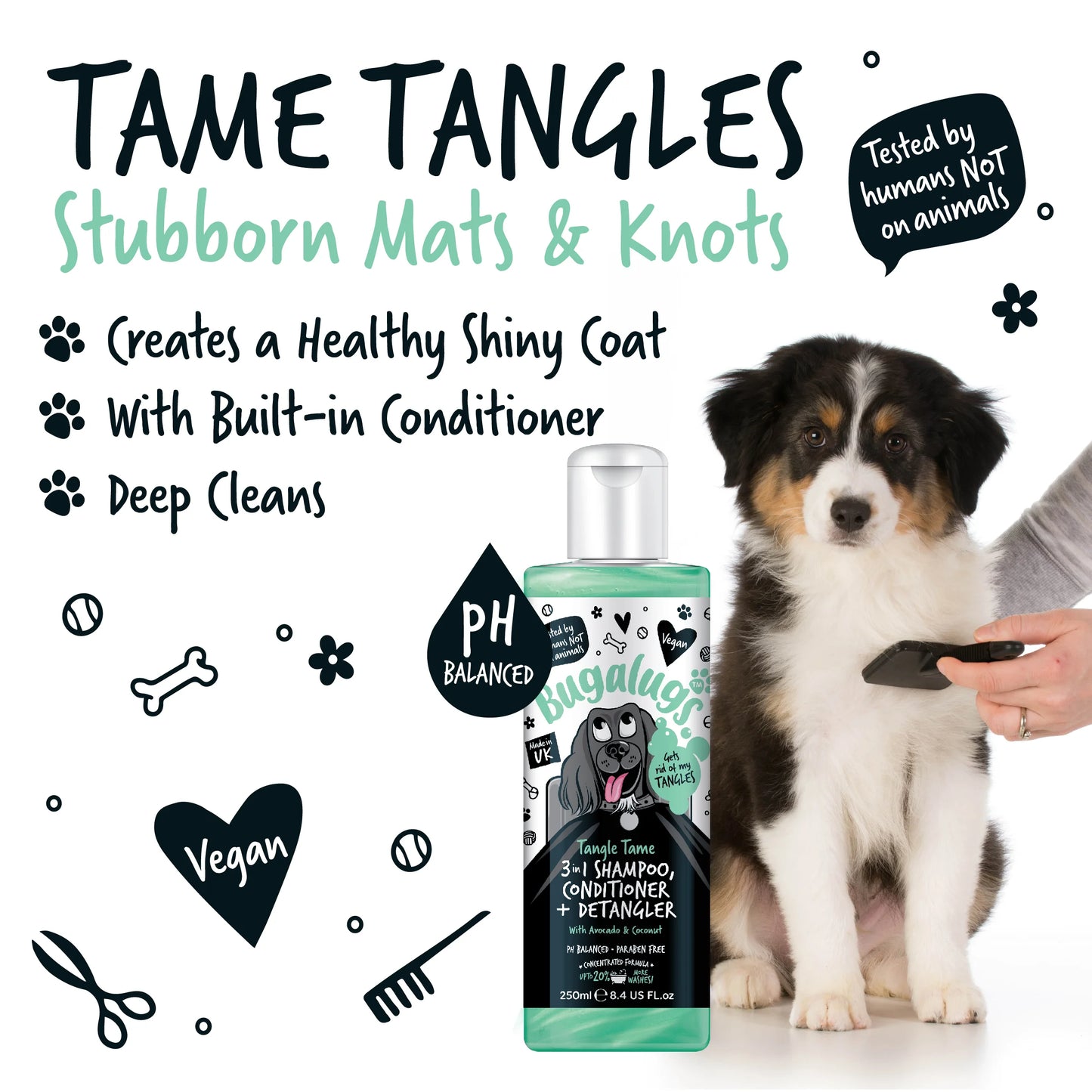 Bugalugs 3 in 1 Tangle Tame Dog Shampoo, Conditioner & Detangler 250ml