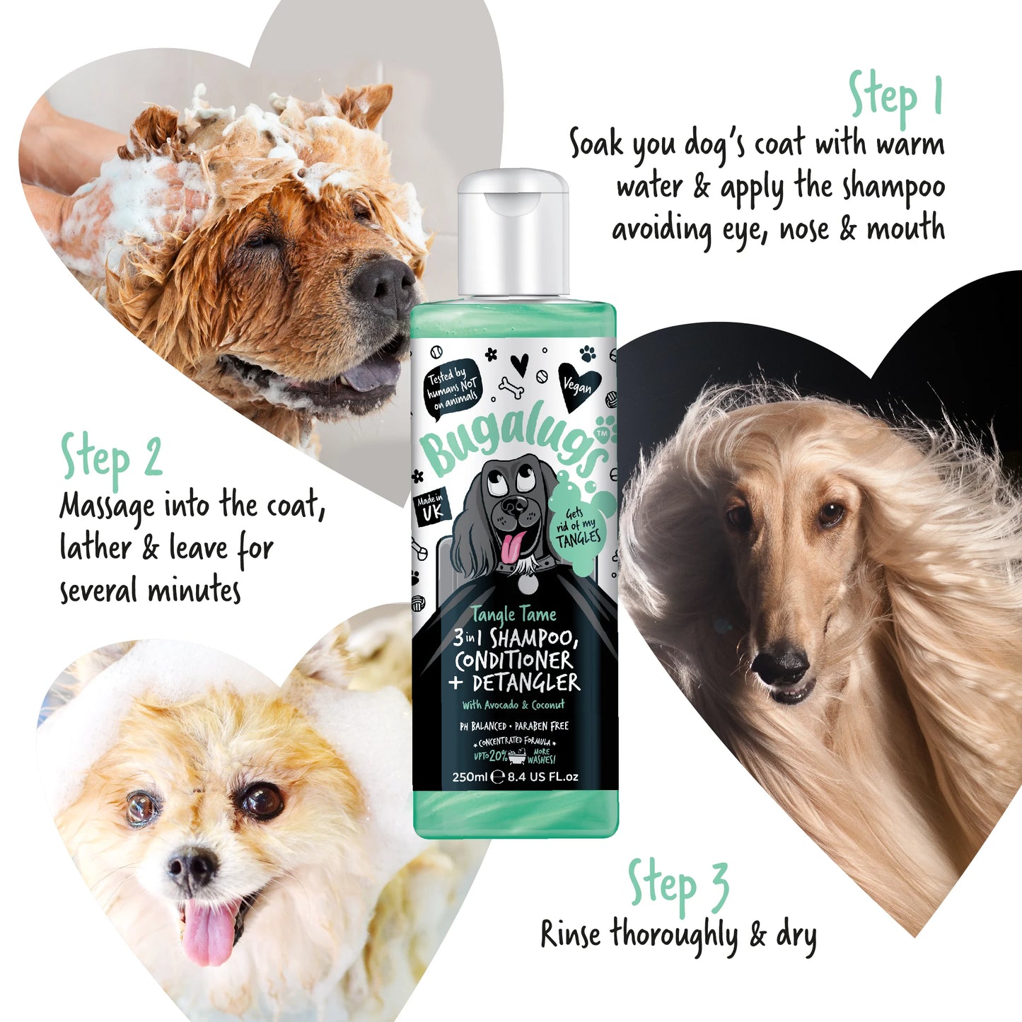Bugalugs 3 in 1 Tangle Tame Dog Shampoo, Conditioner & Detangler 250ml