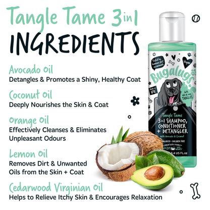 Bugalugs 3 in 1 Tangle Tame Dog Shampoo, Conditioner & Detangler 250ml