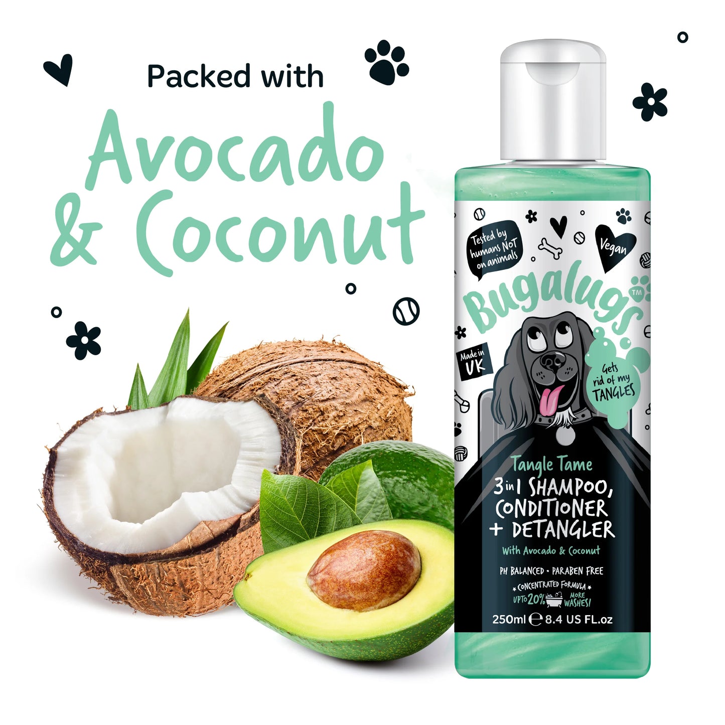 Bugalugs 3 in 1 Tangle Tame Dog Shampoo, Conditioner & Detangler 250ml