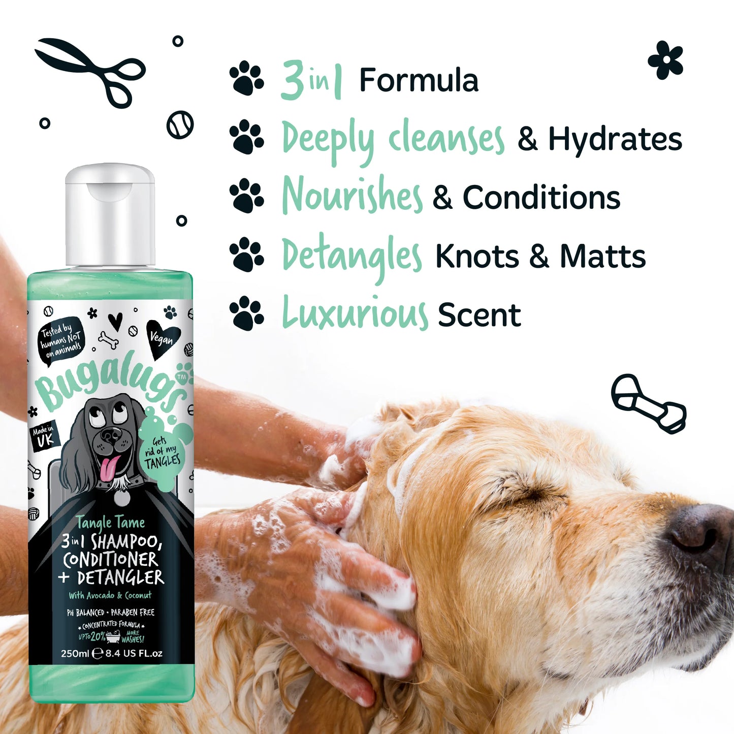 Bugalugs 3 in 1 Tangle Tame Dog Shampoo, Conditioner & Detangler 250ml