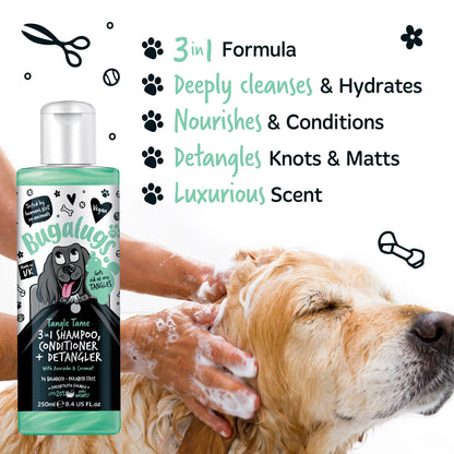 Bugalugs 3 in 1 Tangle Tame Dog Shampoo, Conditioner & Detangler 250ml