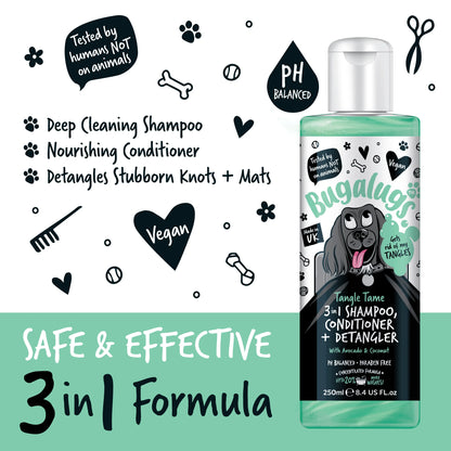 Bugalugs 3 in 1 Tangle Tame Dog Shampoo, Conditioner & Detangler 250ml