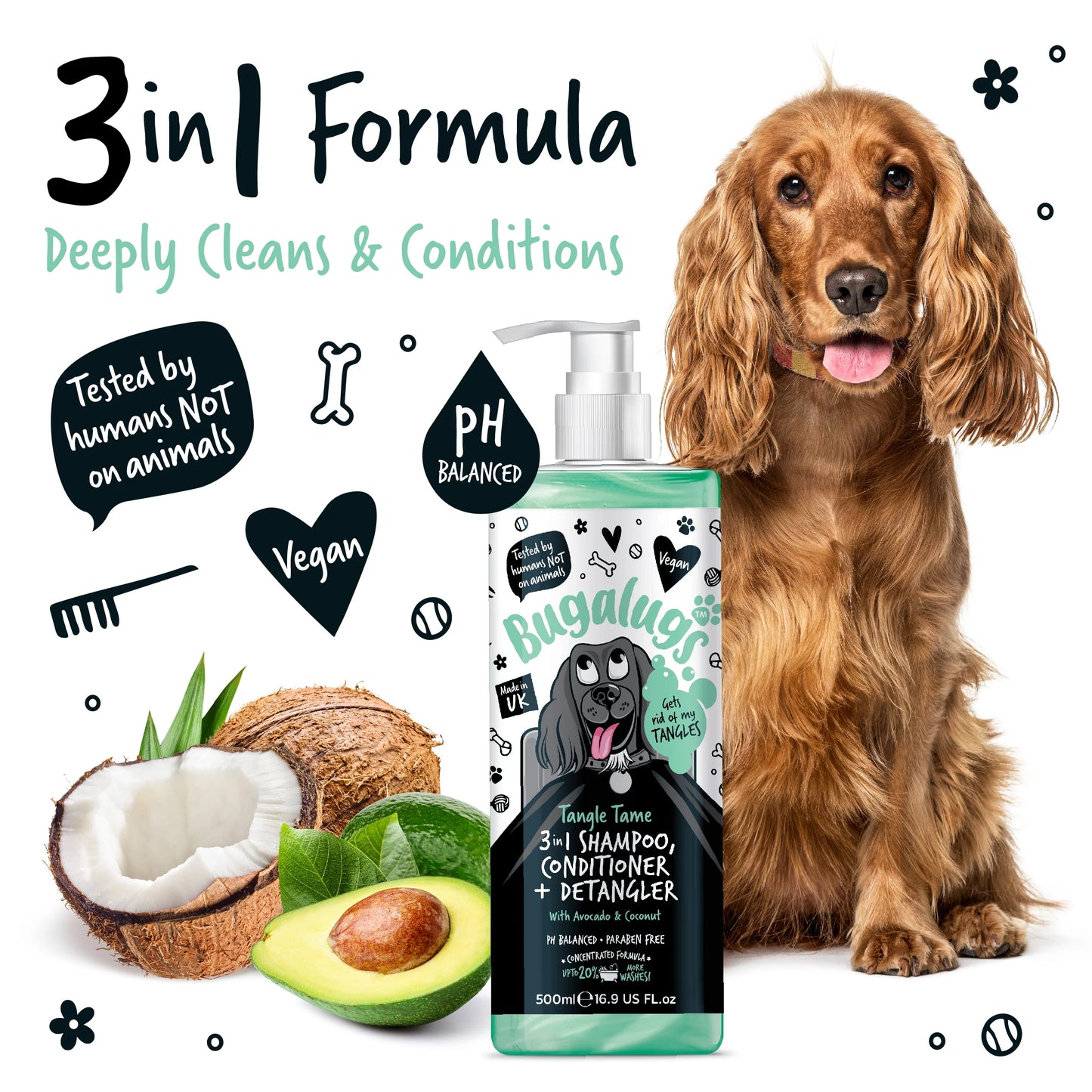 Bugalugs 3 in 1 Tangle Tame Dog Shampoo, Conditioner & Detangler 500ml