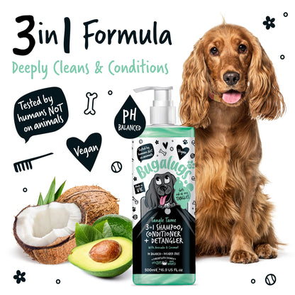 Bugalugs 3 in 1 Tangle Tame Dog Shampoo, Conditioner & Detangler 500ml