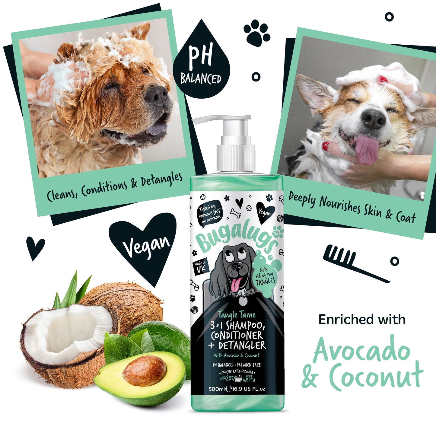 Bugalugs 3 in 1 Tangle Tame Dog Shampoo, Conditioner & Detangler 500ml