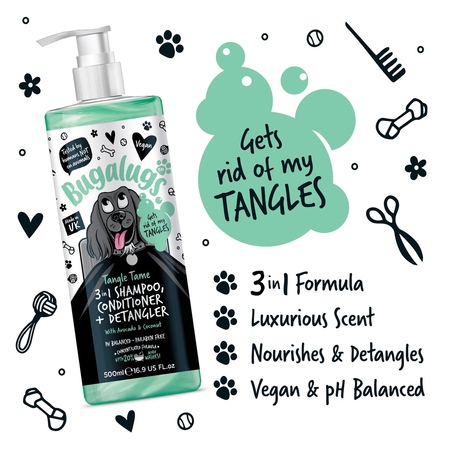 Bugalugs 3 in 1 Tangle Tame Dog Shampoo, Conditioner & Detangler 500ml