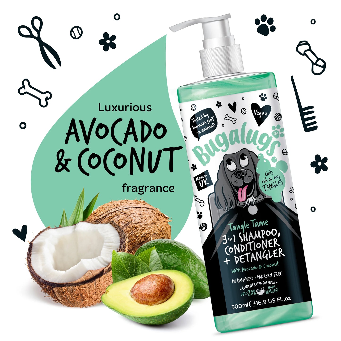 Bugalugs 3 in 1 Tangle Tame Dog Shampoo, Conditioner & Detangler 500ml