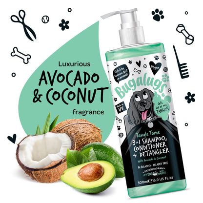 Bugalugs 3 in 1 Tangle Tame Dog Shampoo, Conditioner & Detangler 500ml