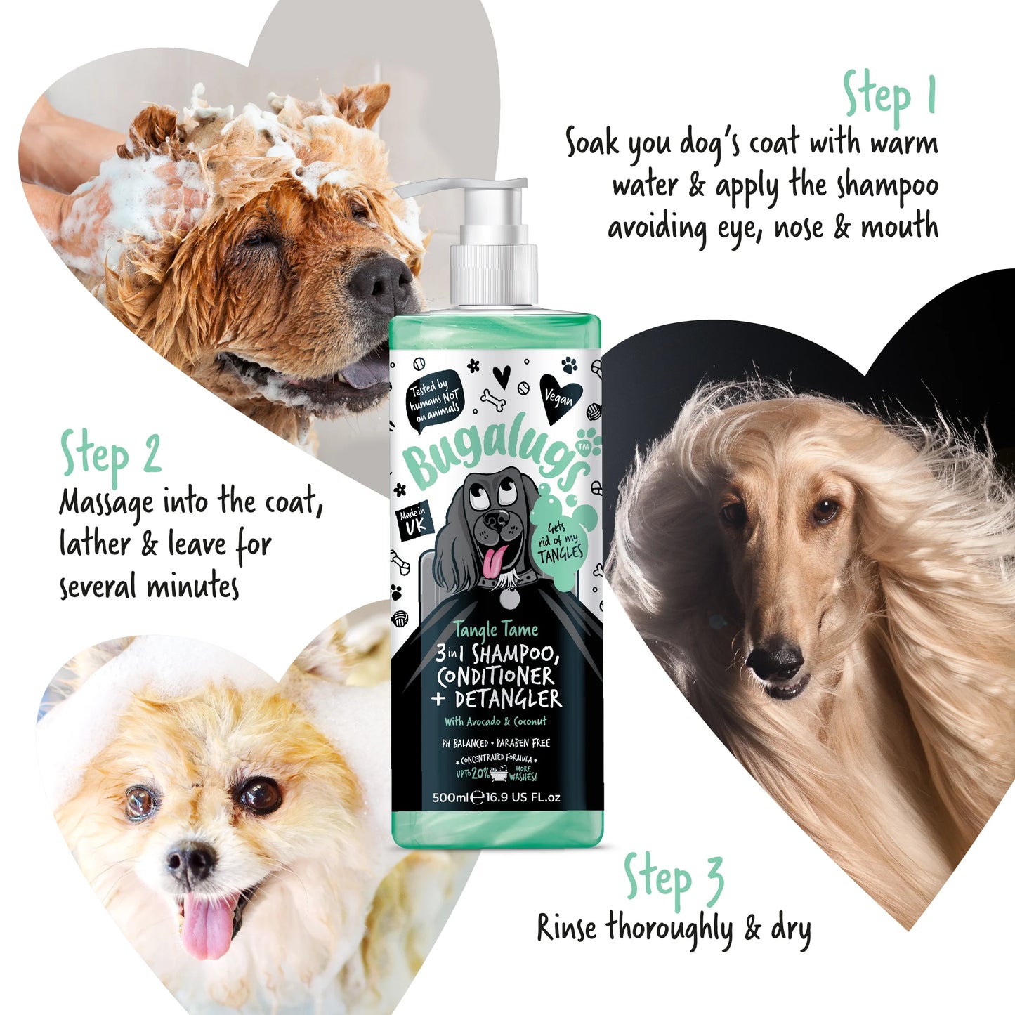Bugalugs 3 in 1 Tangle Tame Dog Shampoo, Conditioner & Detangler 500ml
