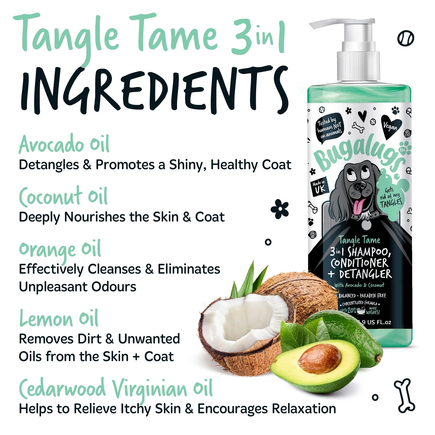 Bugalugs 3 in 1 Tangle Tame Dog Shampoo, Conditioner & Detangler 500ml