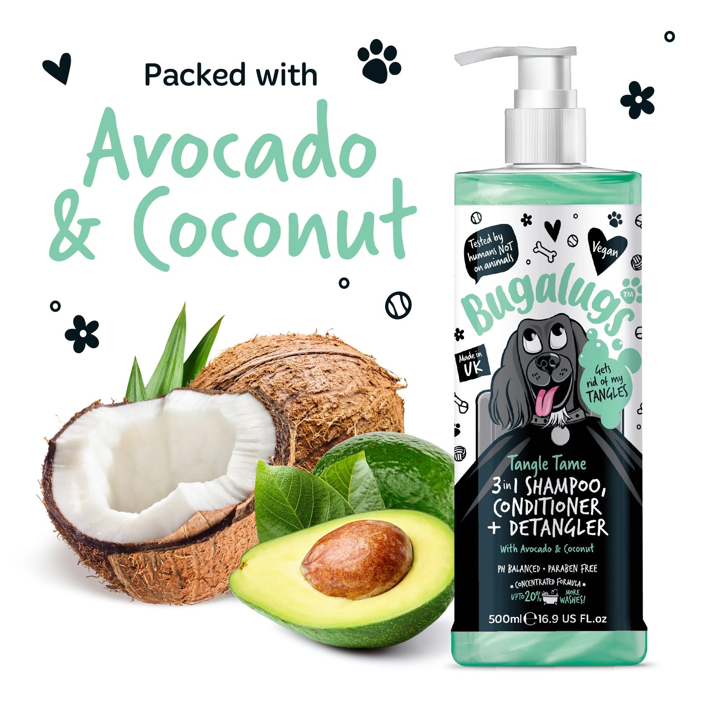 Bugalugs 3 in 1 Tangle Tame Dog Shampoo, Conditioner & Detangler 500ml