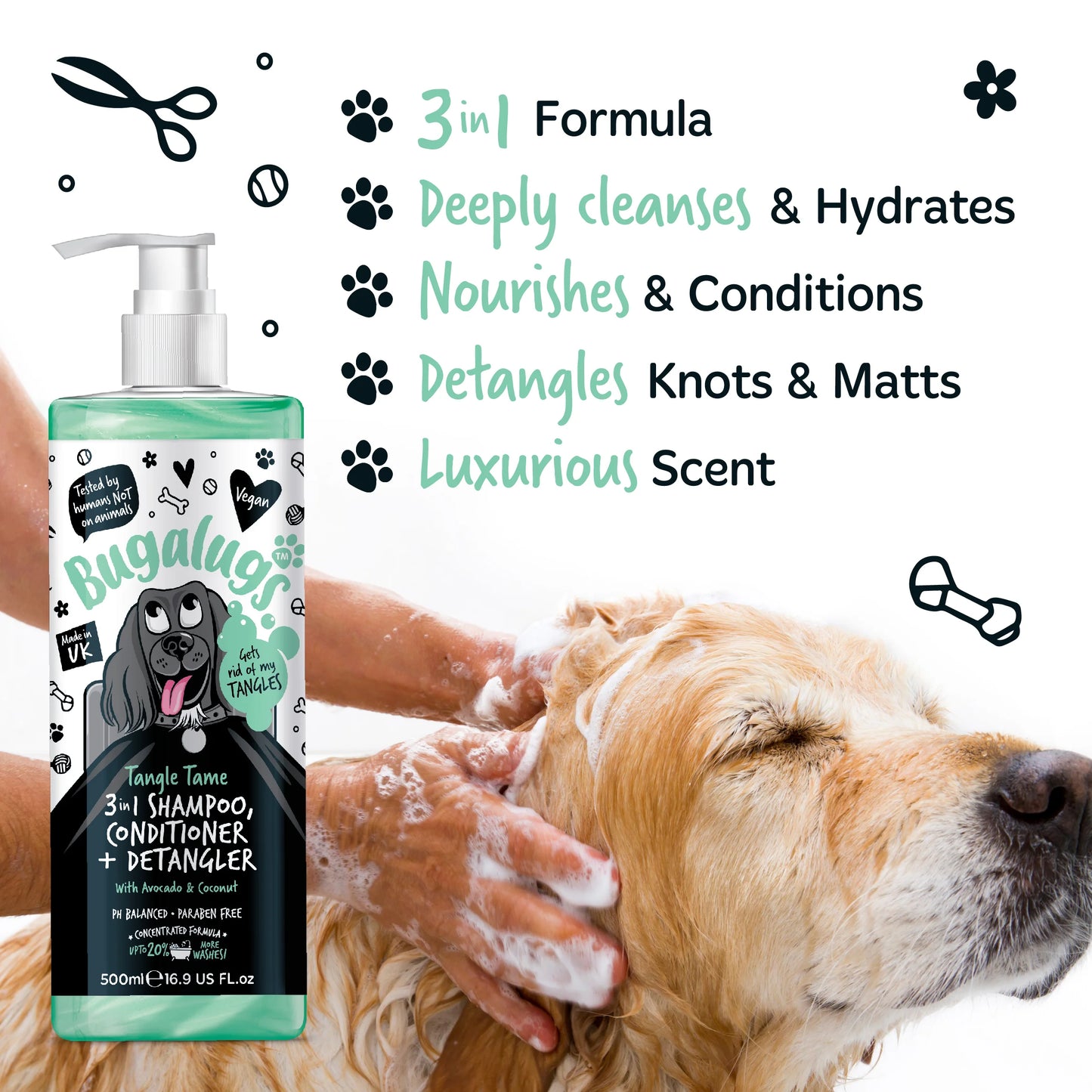 Bugalugs 3 in 1 Tangle Tame Dog Shampoo, Conditioner & Detangler 500ml