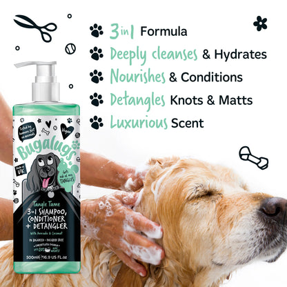 Bugalugs 3 in 1 Tangle Tame Dog Shampoo, Conditioner & Detangler 500ml