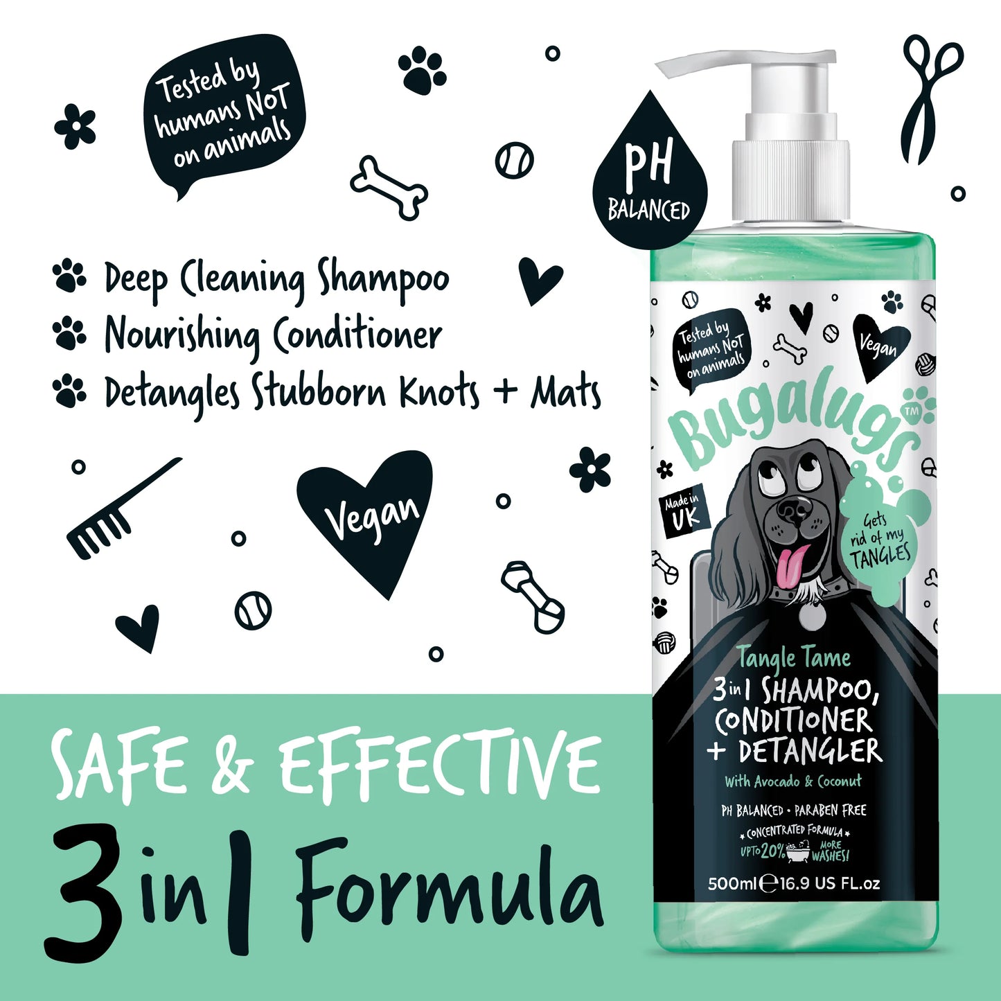 Bugalugs 3 in 1 Tangle Tame Dog Shampoo, Conditioner & Detangler 500ml