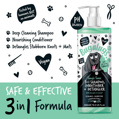 Bugalugs 3 in 1 Tangle Tame Dog Shampoo, Conditioner & Detangler 500ml