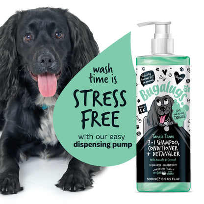 Bugalugs 3 in 1 Tangle Tame Dog Shampoo, Conditioner & Detangler 500ml