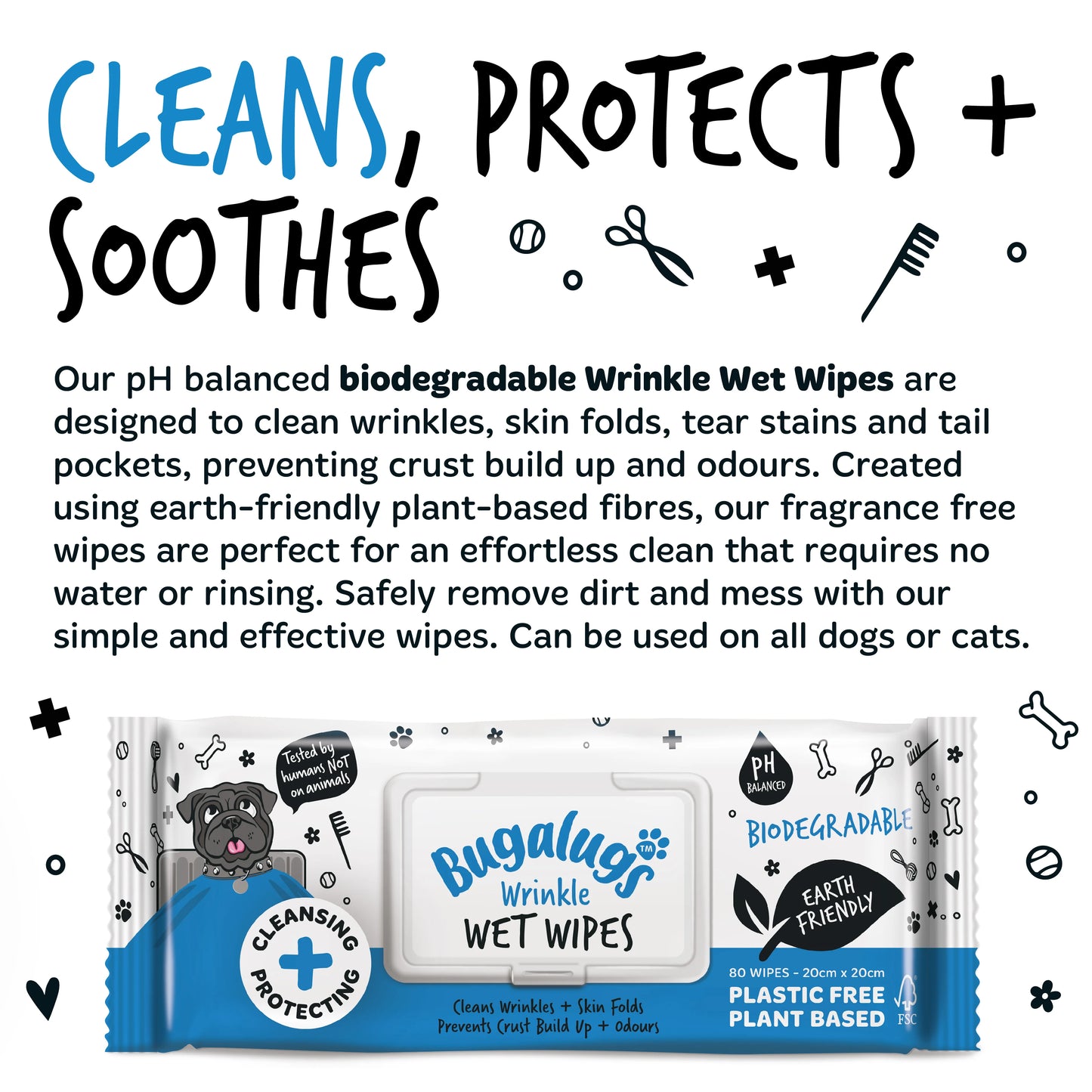 Bugalugs Wrinkle Biodegradable Pet Wipes (80 Large Plastic Free & plant based Wipes) Fragrance Free for Dogs & Cats
